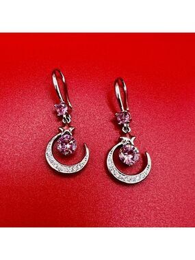 NIB Elegant S925 Sterling Silver Zircon and Pink Crescent Moon Earrings